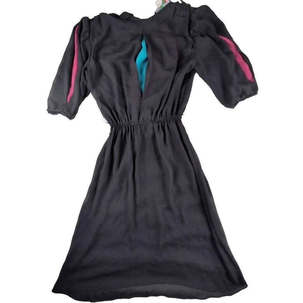 Nanci Braclioni Shangri-la‎ Black Pink Teal Sheer Puff Sleeve Dress Size 7/8 80s
